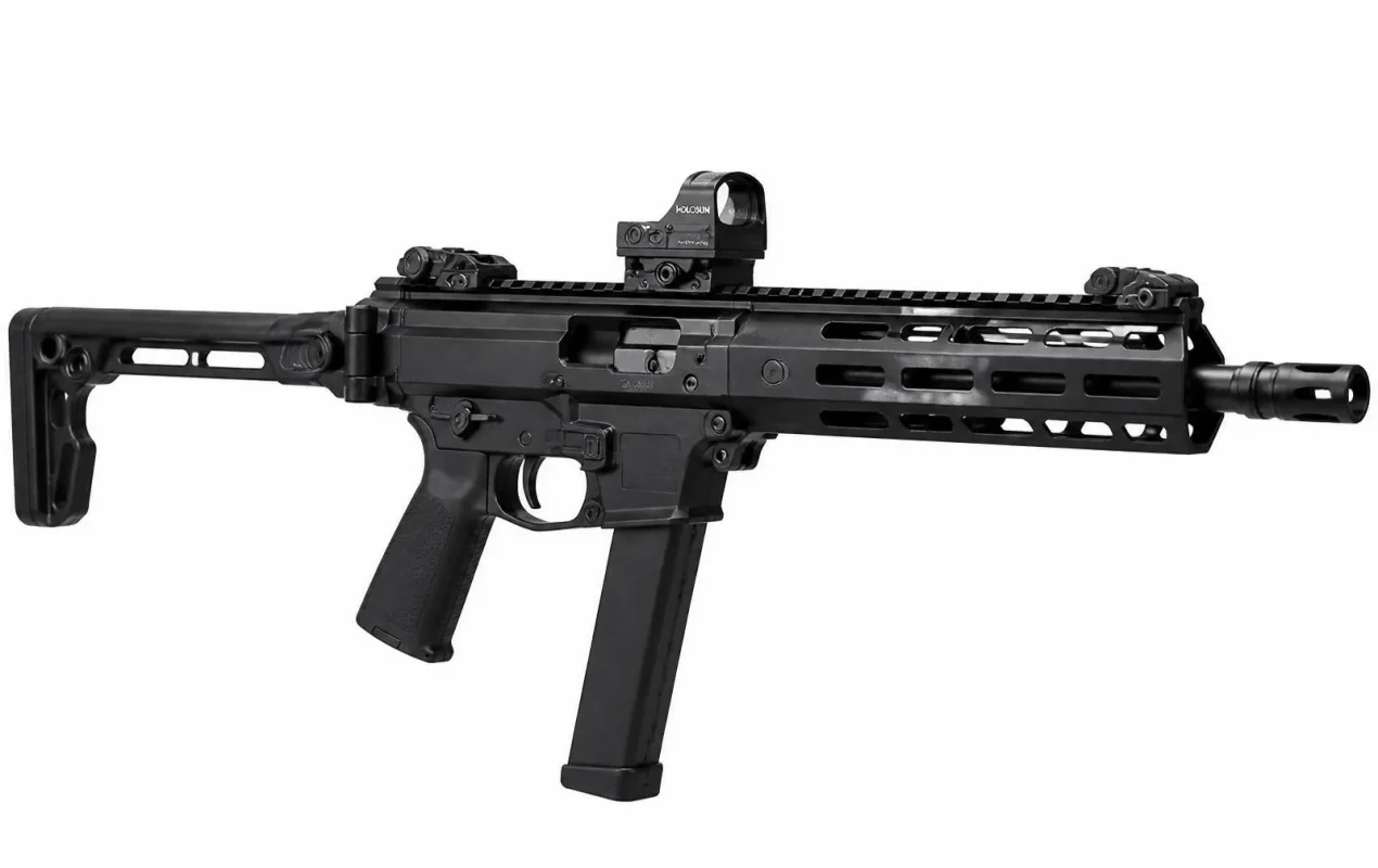Carabina PCC 9mm sem fundo com coronha dobrável e trilho Picatinny