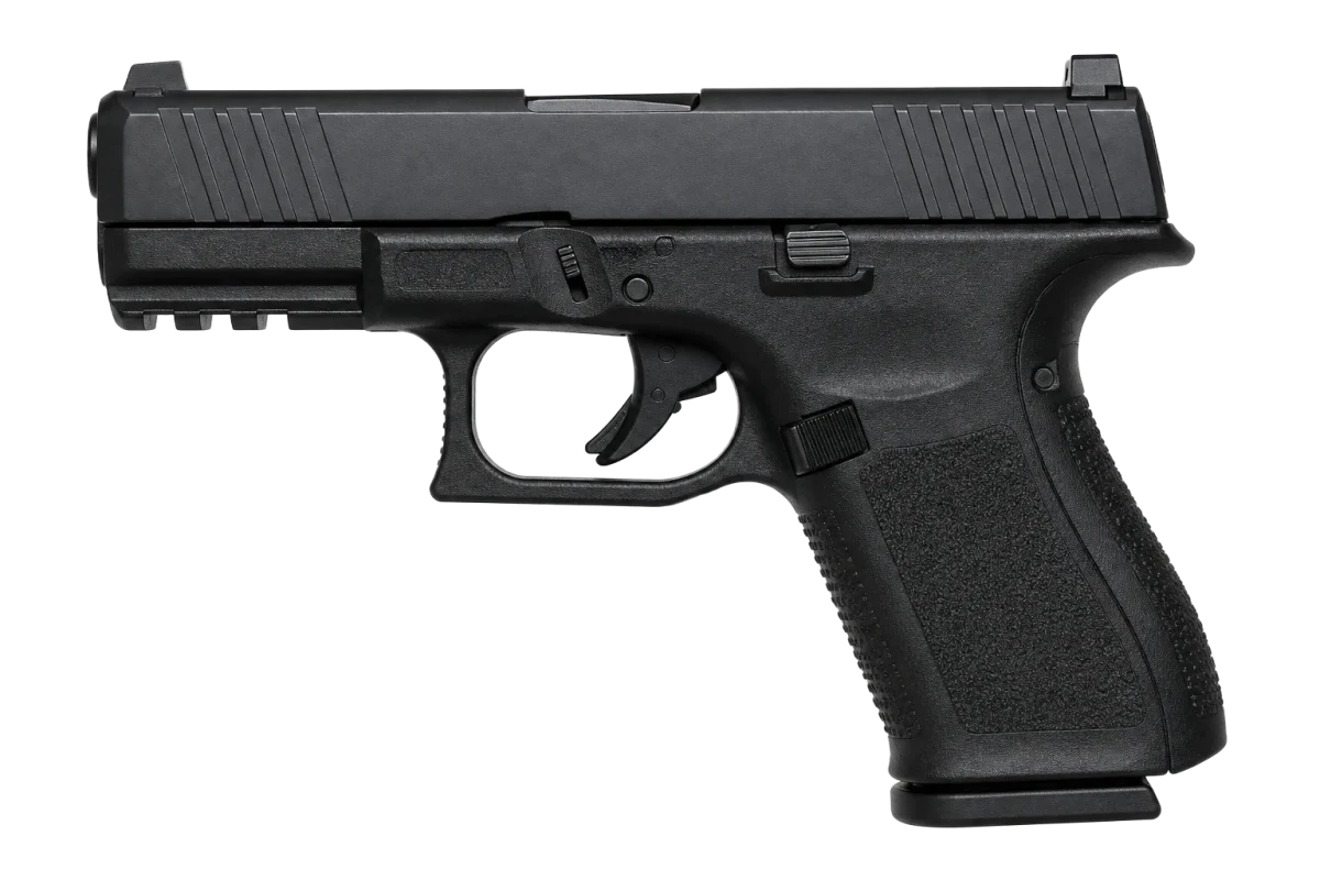 Pistola 9mm semiautomática em fundo transparente para catálogo