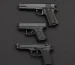 Marcas de Pistola- Três pistolas de marcas diferentes lado a lado sobre ardósia escura
