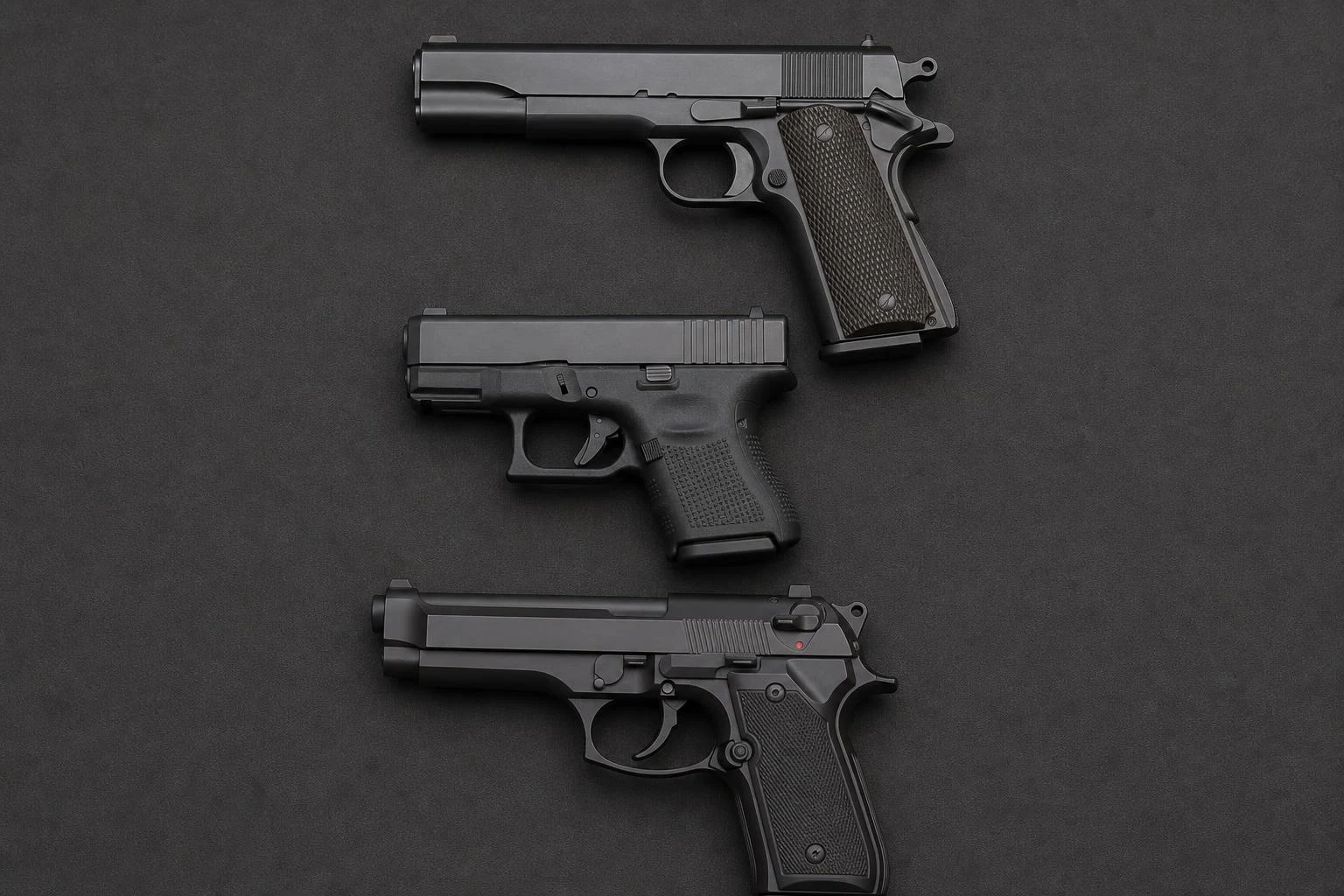 Marcas de Pistola- Três pistolas de marcas diferentes lado a lado sobre ardósia escura
