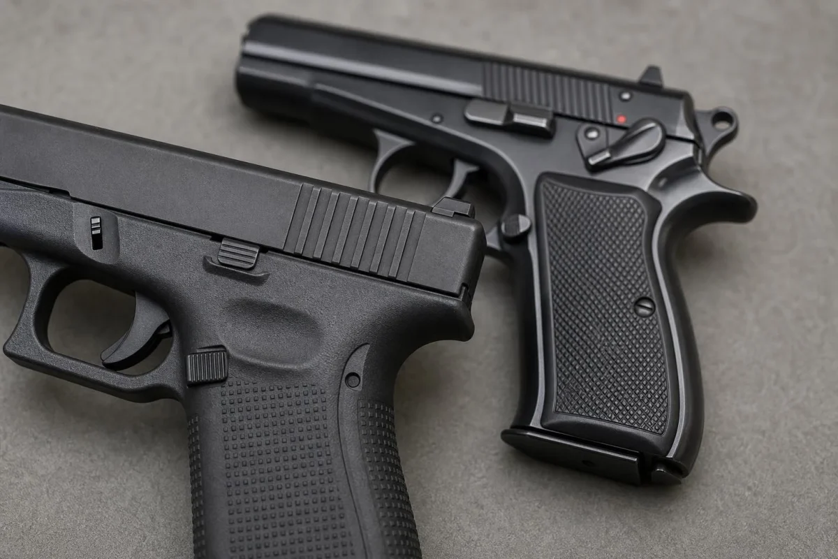 Detalhe do mecanismo de disparo e acabamento de pistolas das principais marcas.