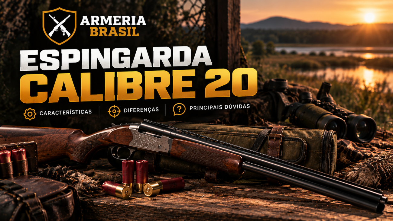 Espingarda calibre 20 com munições em ambiente de caça