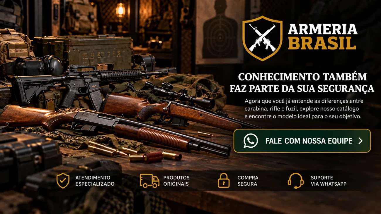 Banner da Armeria Brasil sobre carabina, rifle e fuzil, com três armas longas, logo oficial e mensagem sobre conhecimento e segurança.