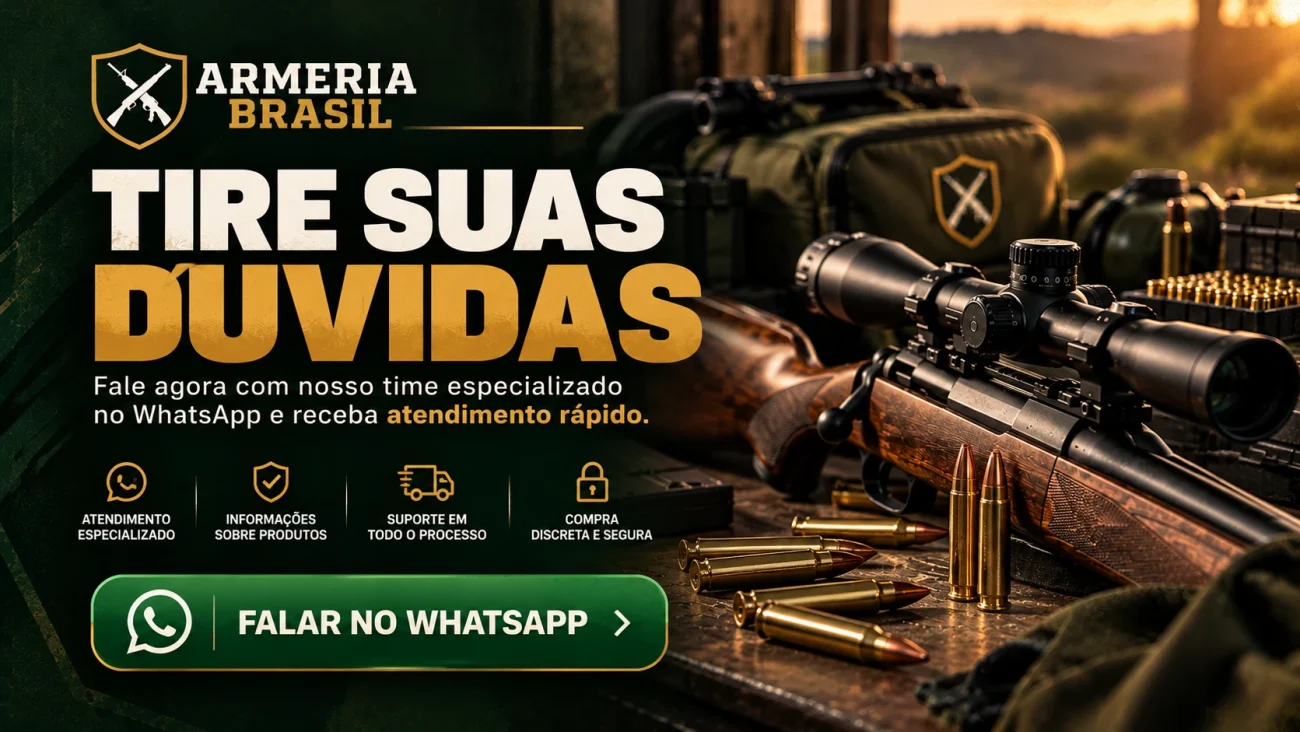 Banner da Armeria Brasil sobre calibres de carabinas, com arma longa, logo oficial e convite para tirar dúvidas pelo WhatsApp.