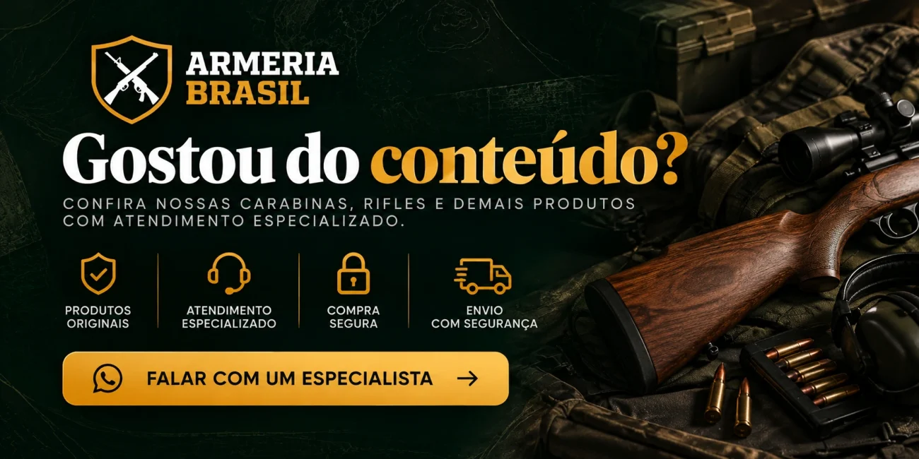 Banner da Armeria Brasil sobre características das carabinas de fogo, com logo oficial, ilustração de carabina e convite para atendimento especializado.