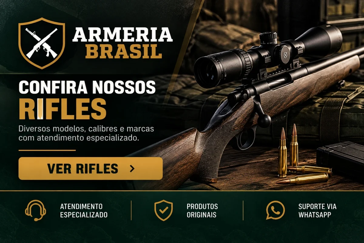 Banner Armeria Brasil com rifle e convite para conhecer modelos, calibres e marcas