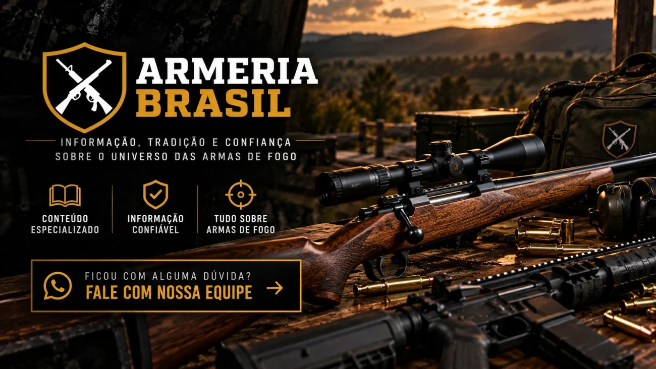 Banner da Armeria Brasil no artigo sobre tipos de carabinas, com carabinas de fogo sobre uma mesa, logo da marca e mensagem de informação e confiança.