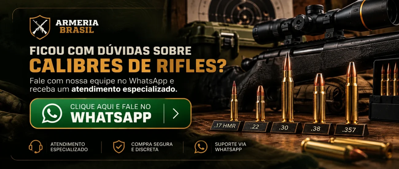 Banner Armeria Brasil sobre calibres de rifles .17 HMR, .22, .30, .38 e .357, com convite para atendimento pelo WhatsApp