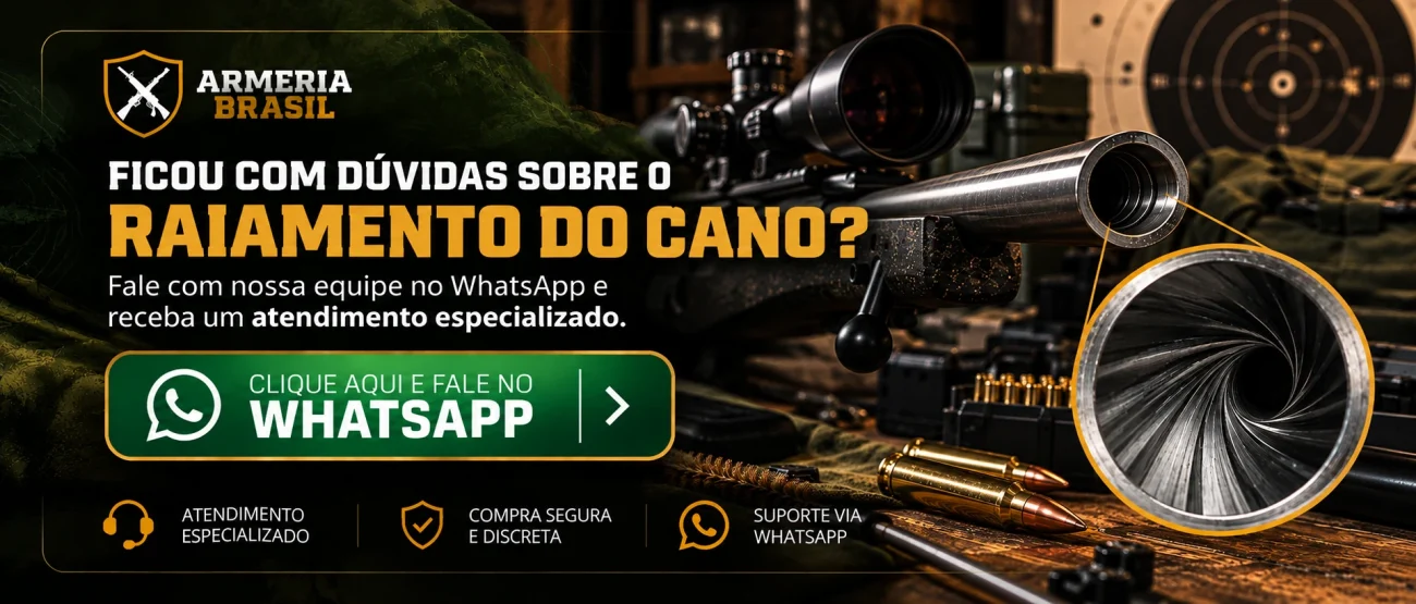 Banner Armeria Brasil sobre raiamento do cano dos rifles, com ilustração das raias internas e convite para atendimento pelo WhatsApp