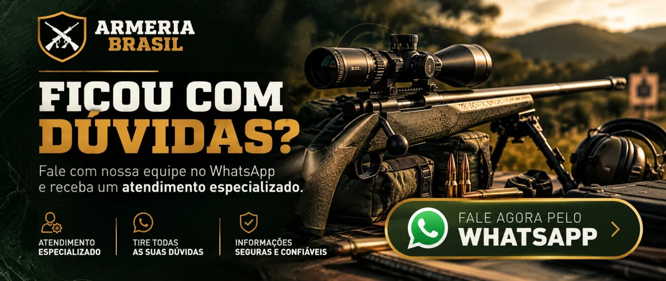 Banner Armeria Brasil com rifle de precisão e convite para tirar dúvidas pelo WhatsApp