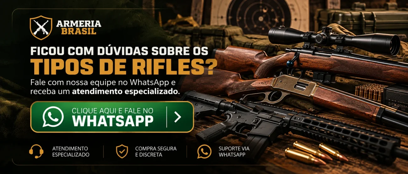 Banner Armeria Brasil com diferentes tipos de rifles, incluindo modelos de ferrolho, alavanca e semiautomático, e convite para contato pelo WhatsApp