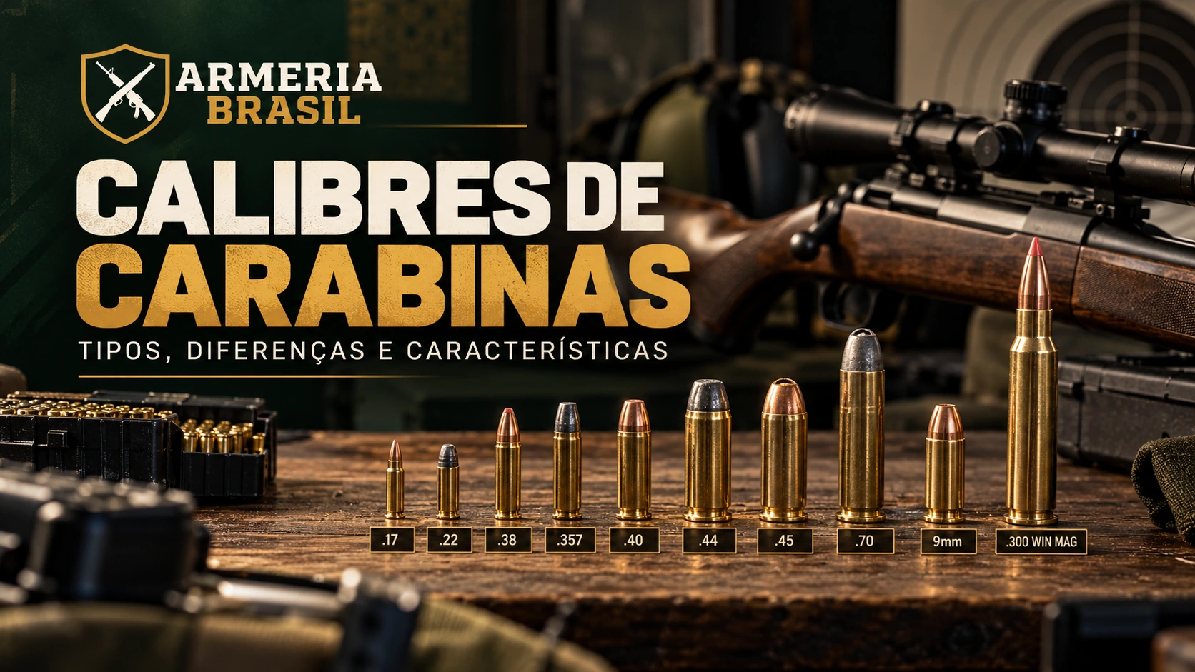 Calibres de carabinas de fogo: comparação visual dos calibres .17, .22, .38, .357, .40, .44, .45, .70, 9mm e .300 Win Mag, com logo da Armeria Brasil.