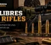 Calibres de rifles .17 HMR, .22, .30, .38 e .357 apresentados em bancada, com a identidade visual da Armeria Brasil