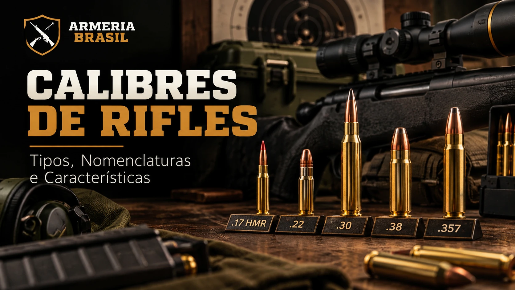 Calibres de rifles .17 HMR, .22, .30, .38 e .357 apresentados em bancada, com a identidade visual da Armeria Brasil