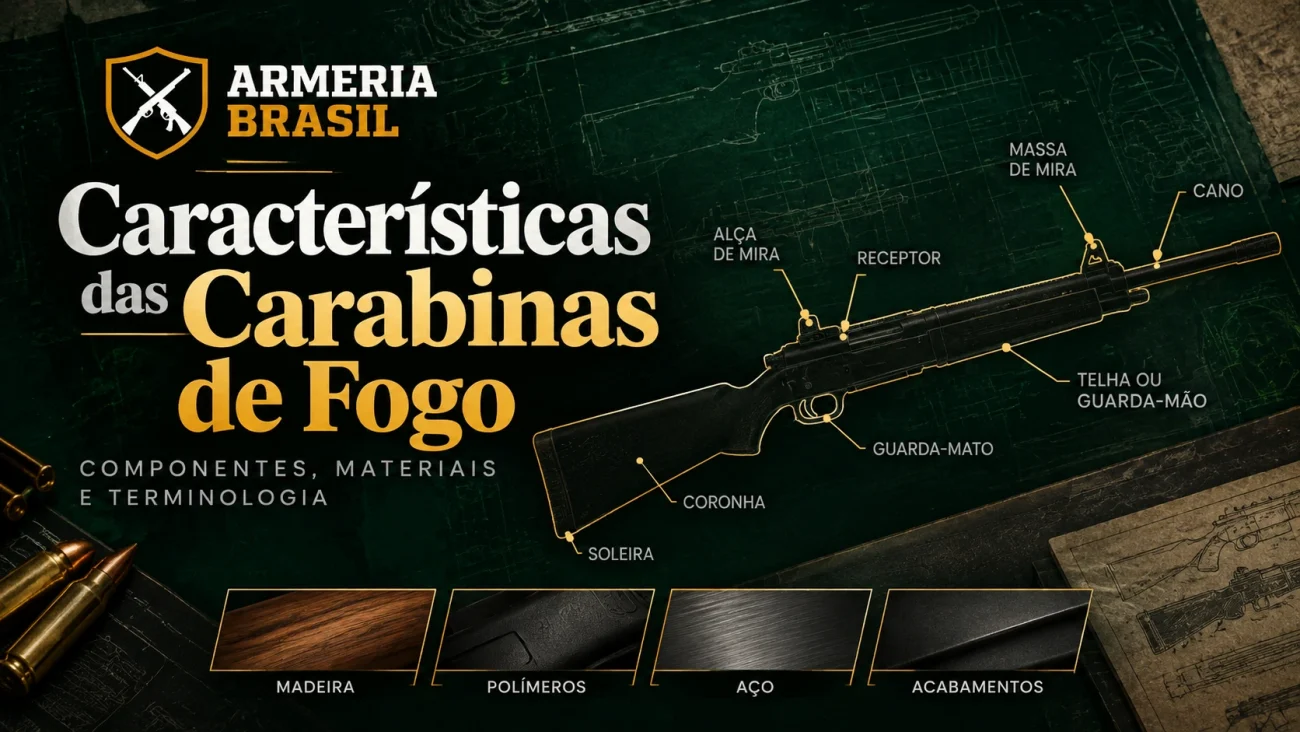 Características das carabinas de fogo: ilustração dos componentes externos, materiais e acabamentos com a logo da Armeria Brasil.