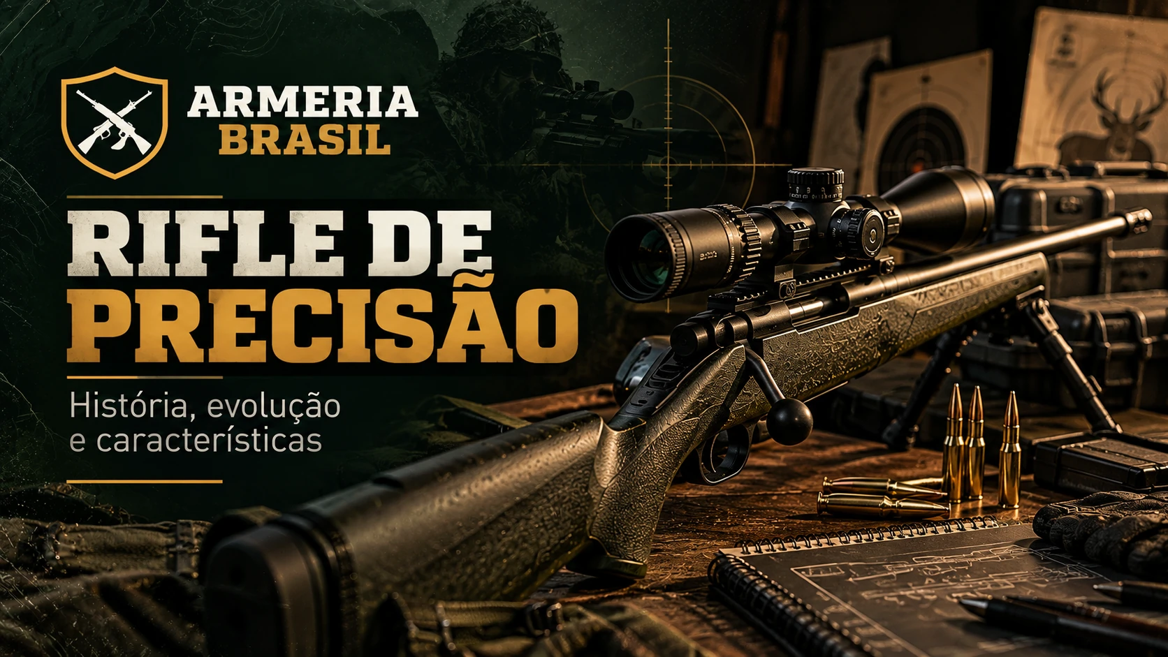 Rifle de precisão com luneta sobre bancada, ilustrando a história, evolução e características dos rifles — Armeria Brasil