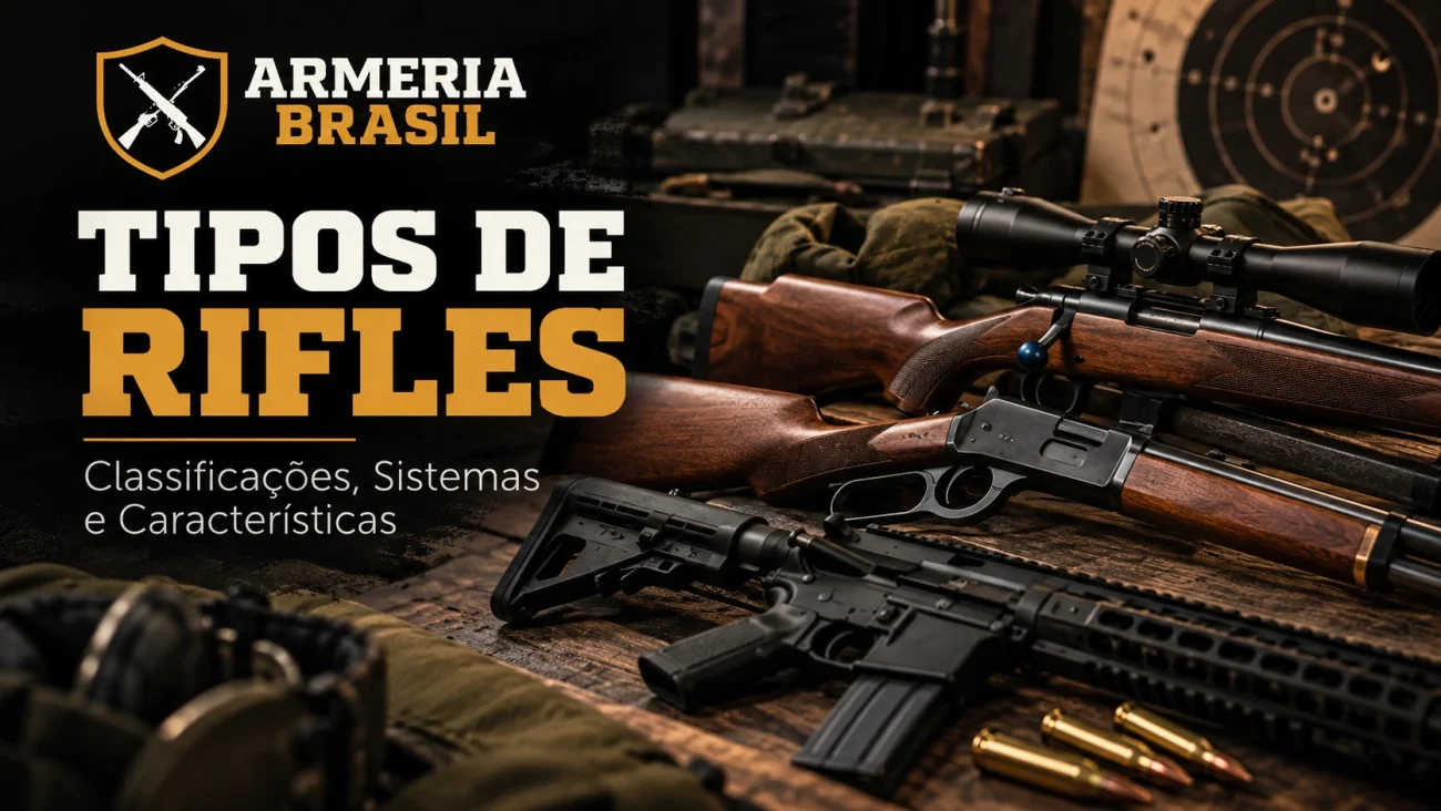 Tipos de rifles com diferentes sistemas de funcionamento, incluindo rifle de ferrolho, alavanca e semiautomático — Armeria Brasil