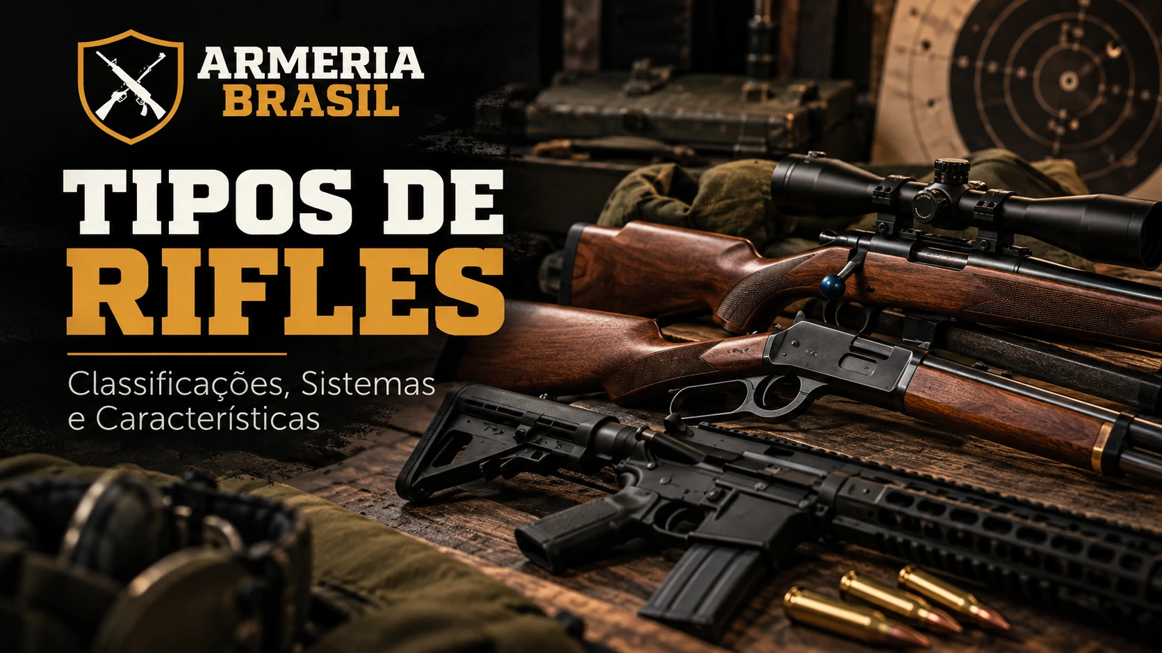 Tipos de rifles com diferentes sistemas de funcionamento, incluindo rifle de ferrolho, alavanca e semiautomático — Armeria Brasil