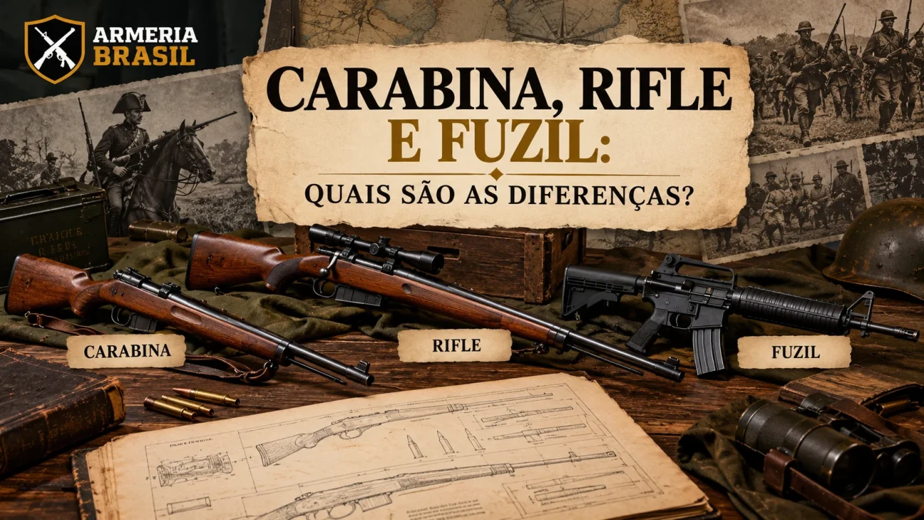 Carabina, rifle e fuzil : comparação visual de três tipos de armas longas, com modelos históricos e modernos.