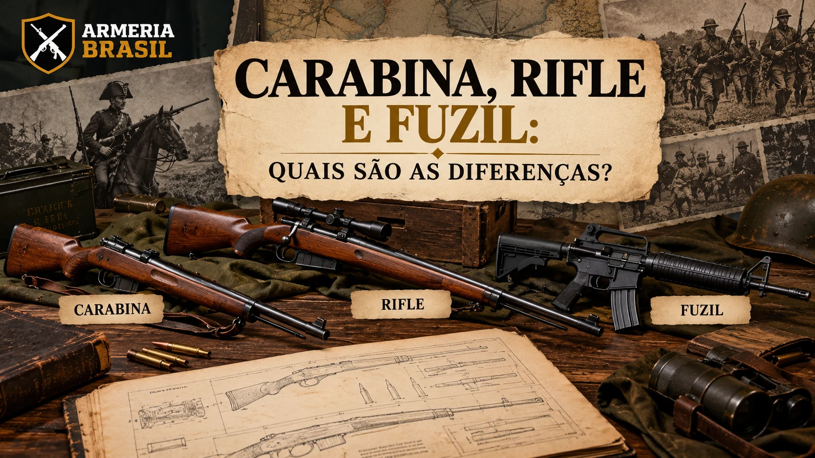 Carabina, rifle e fuzil : comparação visual de três tipos de armas longas, com modelos históricos e modernos.