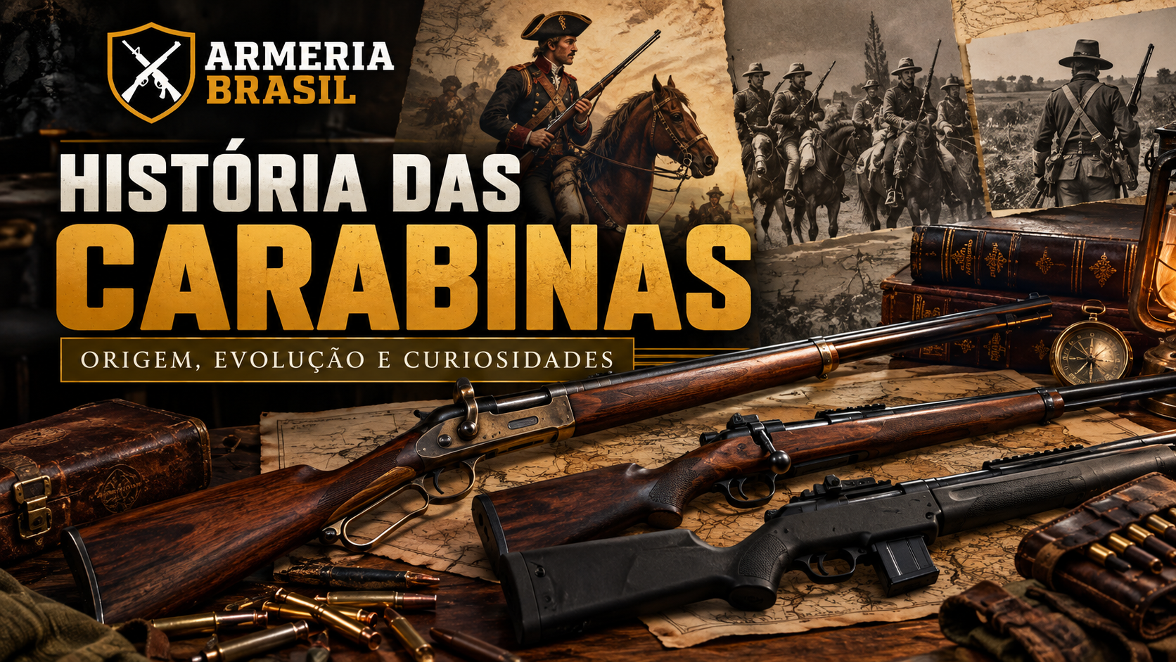 História das carabinas: evolução dos modelos antigos aos modernos, com identidade visual da Armeria Brasil.
