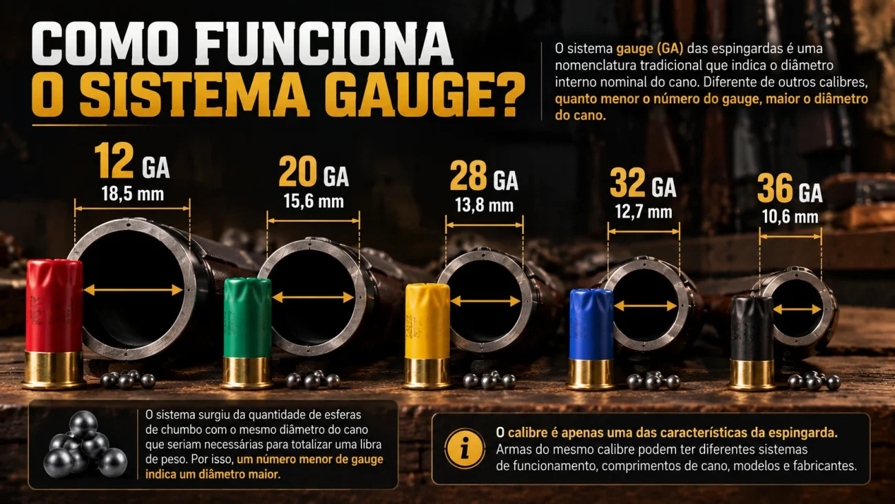 Sistema gauge nos calibres de espingarda 12, 20, 28, 32 e 36