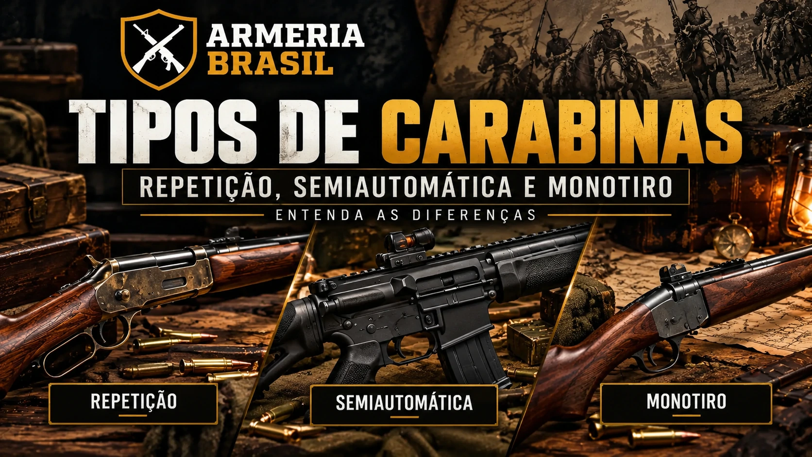Tipos de carabinas de fogo: comparação visual entre carabina de repetição, semiautomática e monotiro, com a identidade visual da Armeria Brasil.