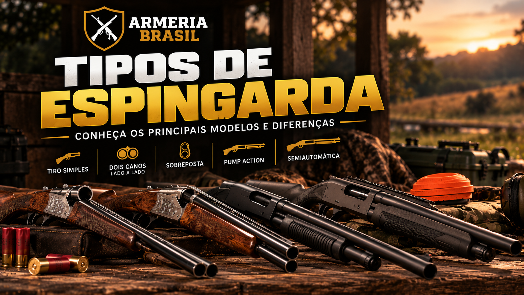 Tipos de espingarda de tiro simples, dois canos, sobreposta, pump e semiautomática